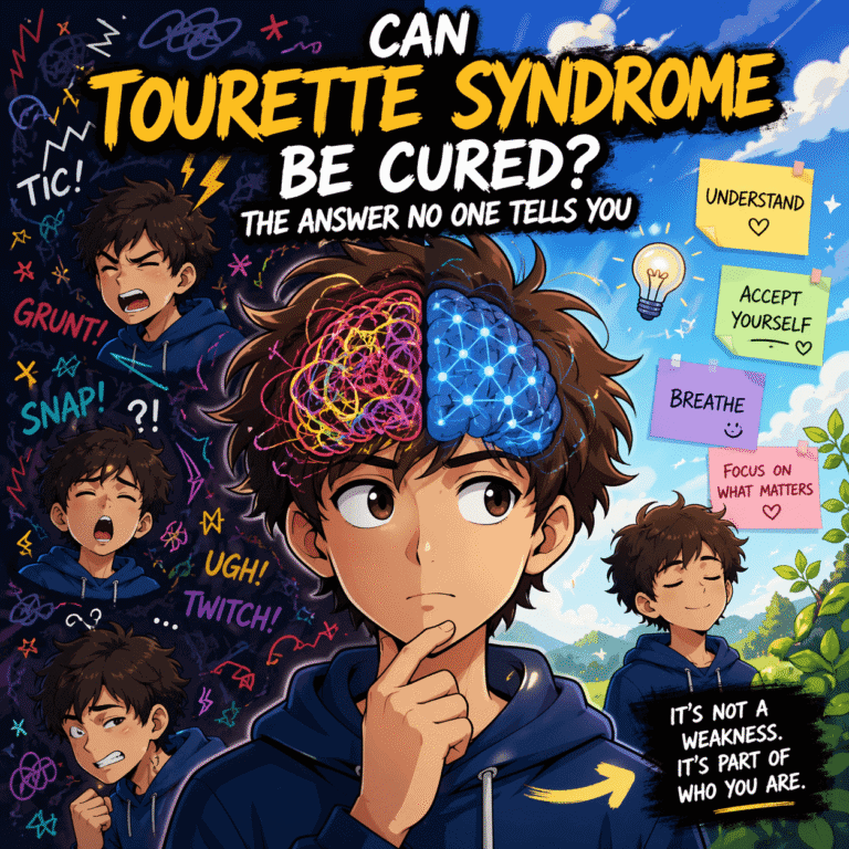 anime illustration of a boy representing tourette syndrome with brain activity and tics concept