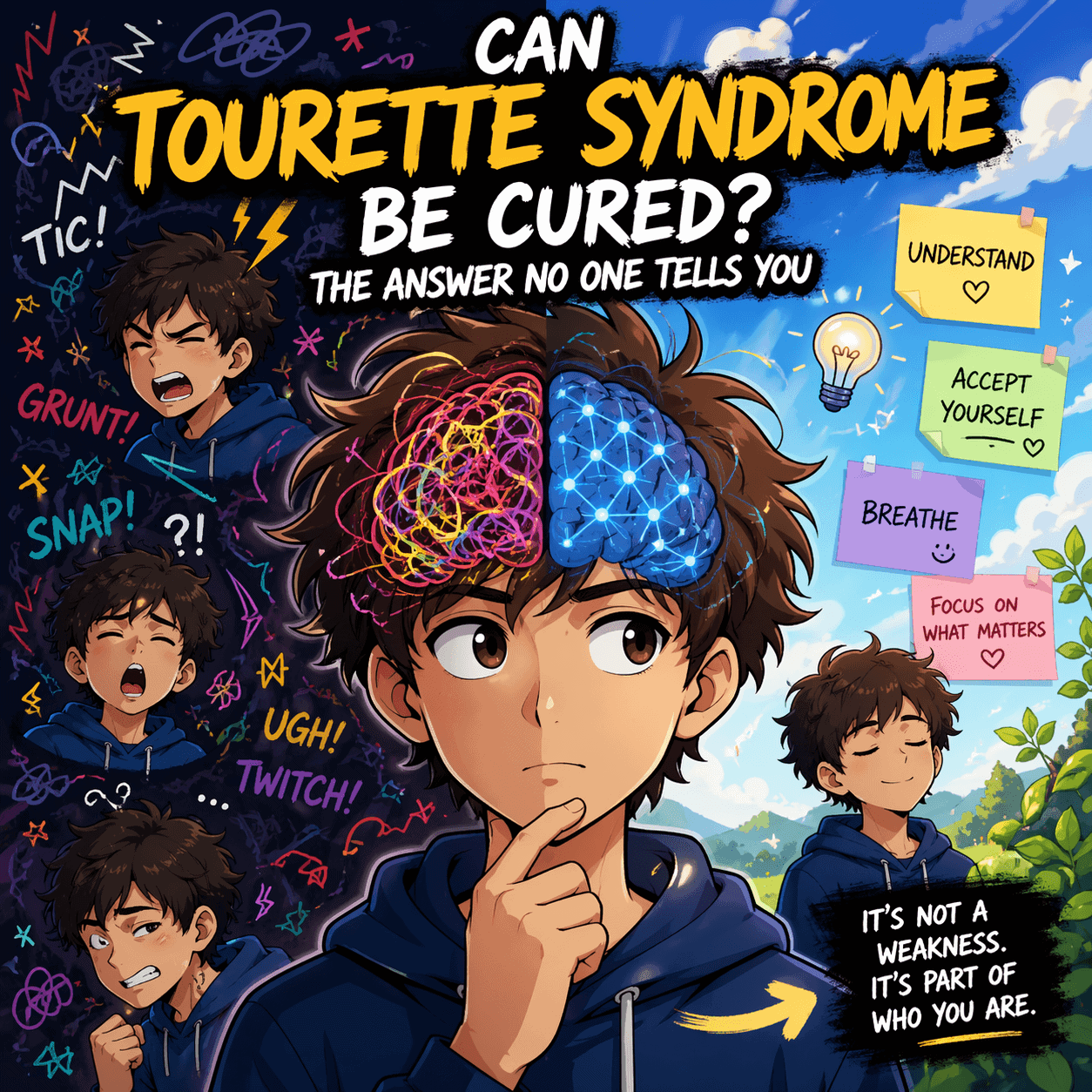 anime illustration of a boy representing tourette syndrome with brain activity and tics concept