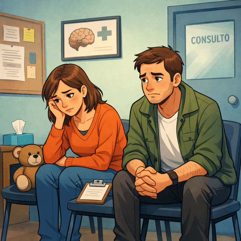 Genitori preoccupati in sala d’attesa medica per diagnosi sindrome di Tourette, illustrazione stile animato