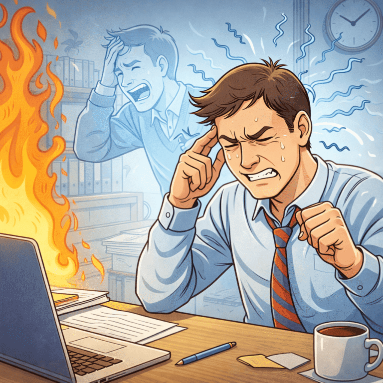 Persona sotto stress con tic nervosi, illustrazione stile cartone sulla relazione tra Tourette e stress