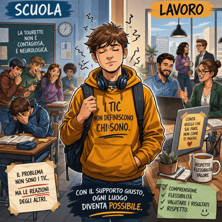 Persona con Tourette in contesto scuola e lavoro, illustrazione stile cartone sulle difficoltà sociali e ambientali