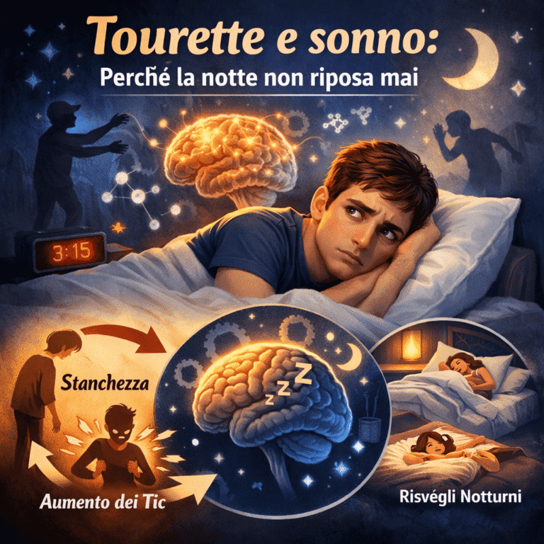 Persona con Tourette che fatica a dormire di notte, illustrazione stile cartone sull’insonnia e i tic
