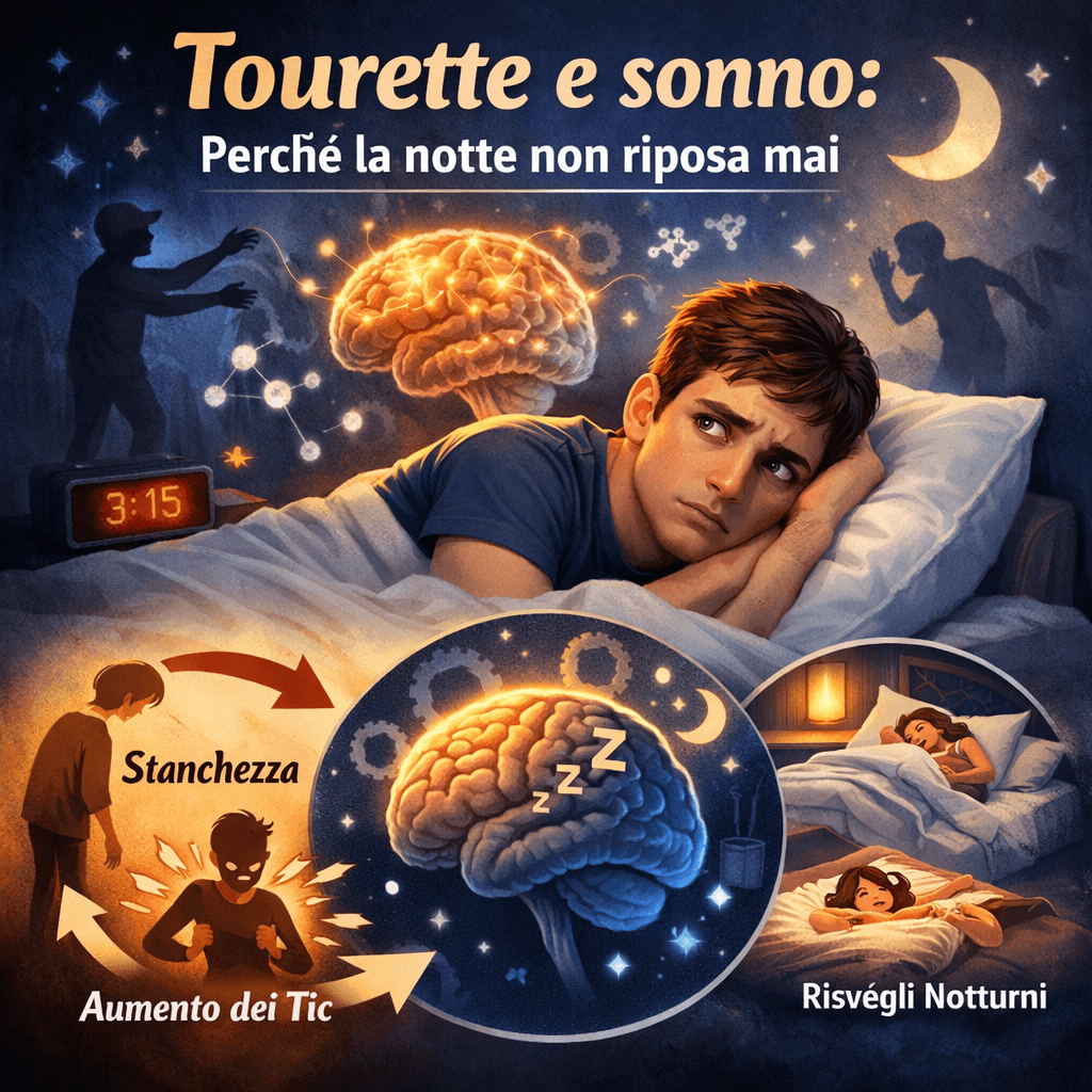 Persona con Tourette che fatica a dormire di notte, illustrazione stile cartone sull’insonnia e i tic