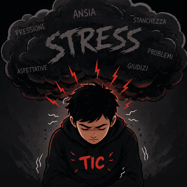 Illustrazione di persona sotto pressione con Tourette, stress che aumenta i tic