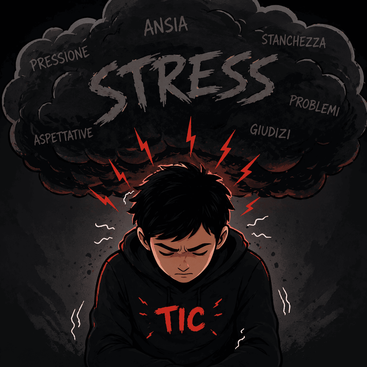 Illustrazione di persona sotto pressione con Tourette, stress che aumenta i tic