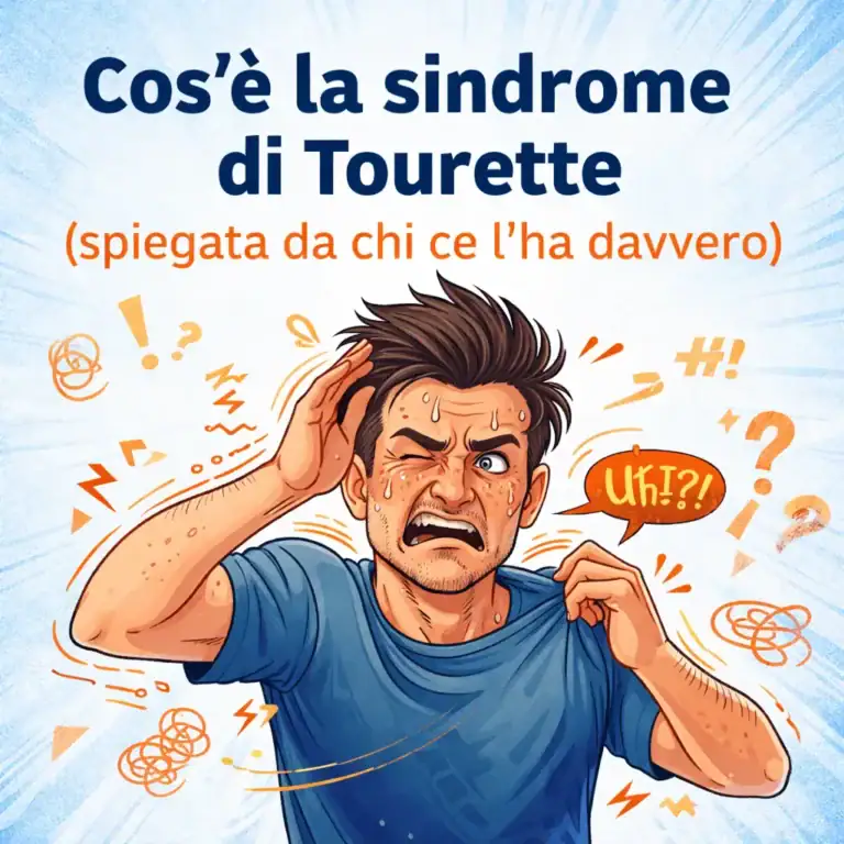 Cos’è la sindrome di Tourette: illustrazione di una persona con tic motori e vocali rappresentati in stile animato