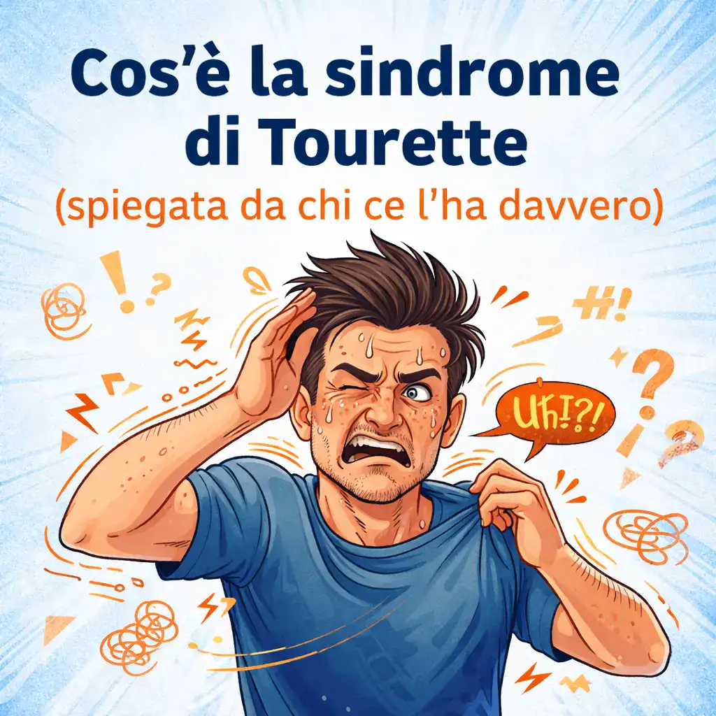 Cos’è la sindrome di Tourette: illustrazione di una persona con tic motori e vocali rappresentati in stile animato