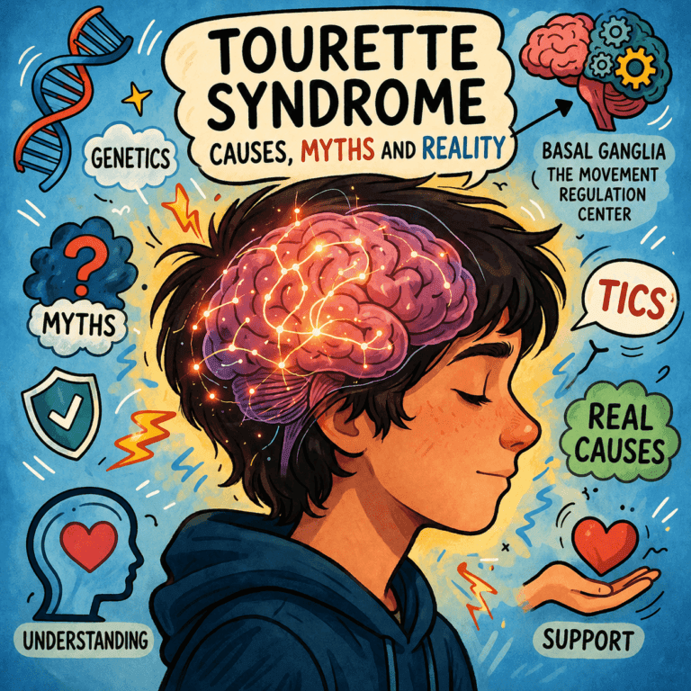 Illustrated infographic about Tourette Syndrome showing a teenager with a glowing brain, explaining genetics, myths, tics, basal ganglia, real causes, understanding, and support in a colorful comic style.