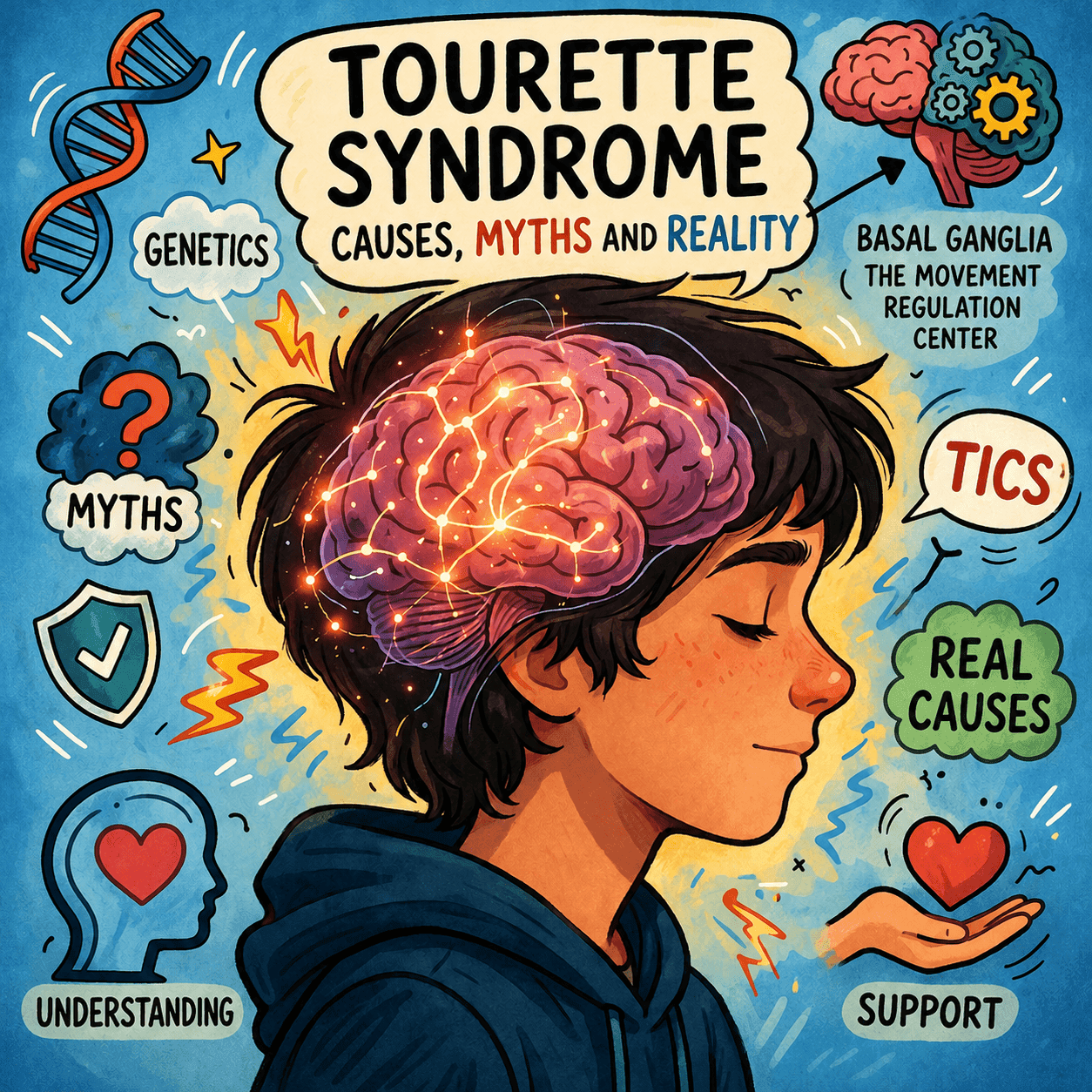 Illustrated infographic about Tourette Syndrome showing a teenager with a glowing brain, explaining genetics, myths, tics, basal ganglia, real causes, understanding, and support in a colorful comic style.