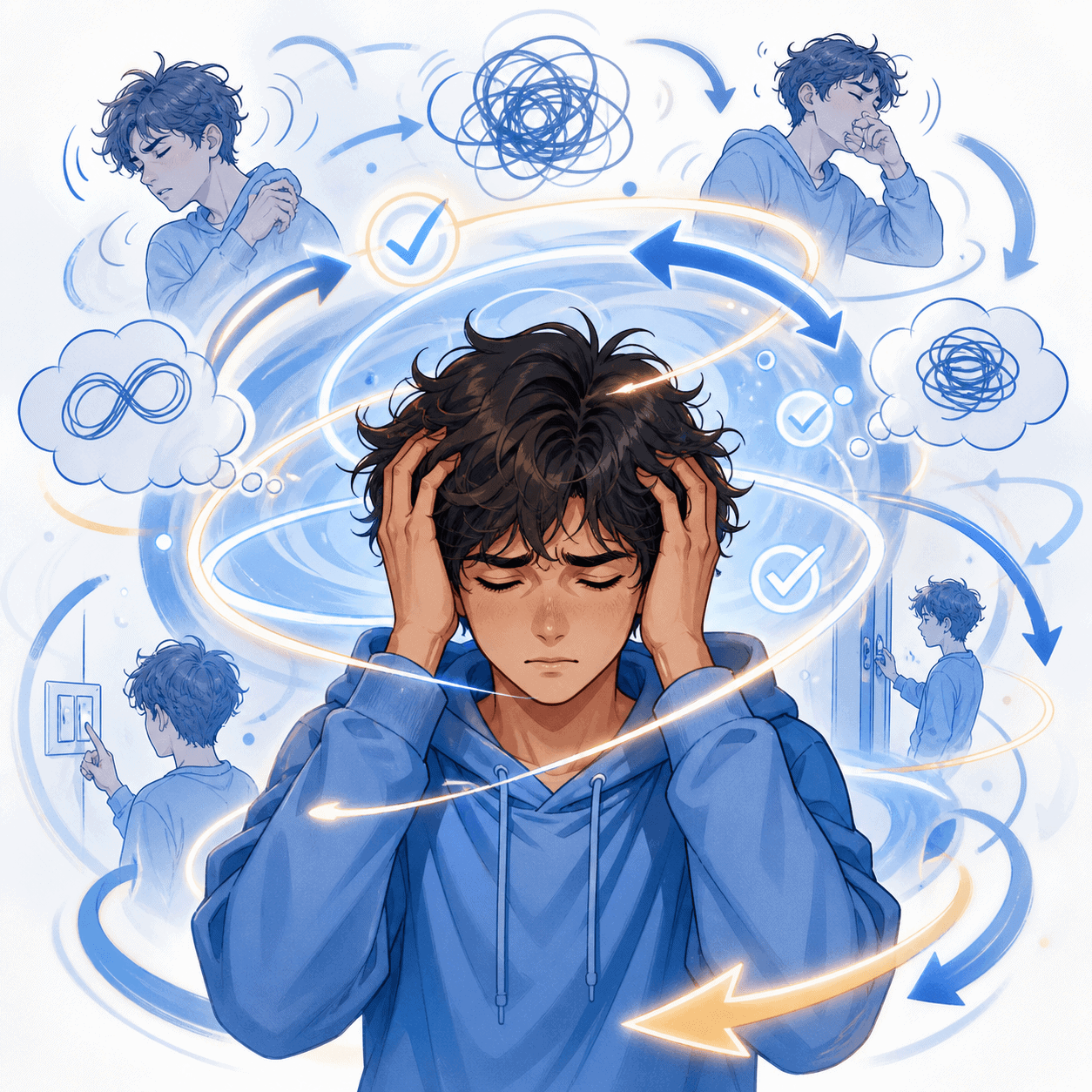 Illustrazione del legame tra Tourette e DOC con pensieri ossessivi in loop