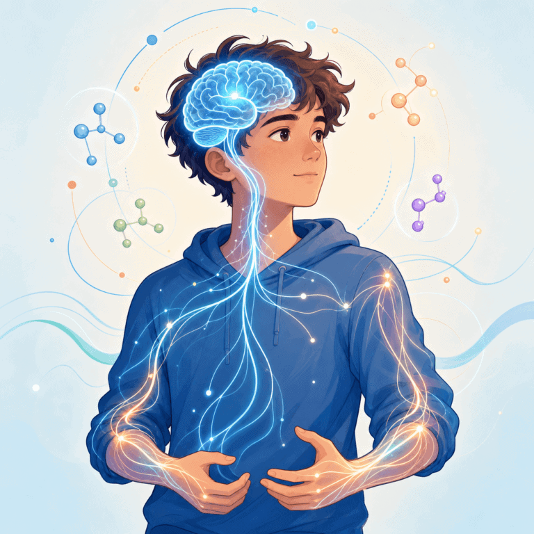 Illustration of a young person with a glowing brain and visible neural connections representing brain chemistry and neurotransmitters involved in Tourette’s Syndrome.
