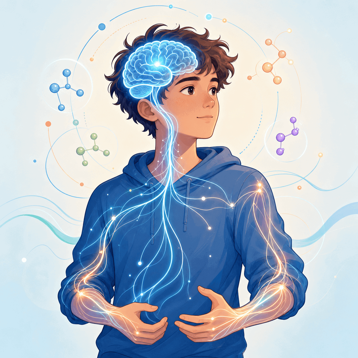 Illustration of a young person with a glowing brain and visible neural connections representing brain chemistry and neurotransmitters involved in Tourette’s Syndrome.