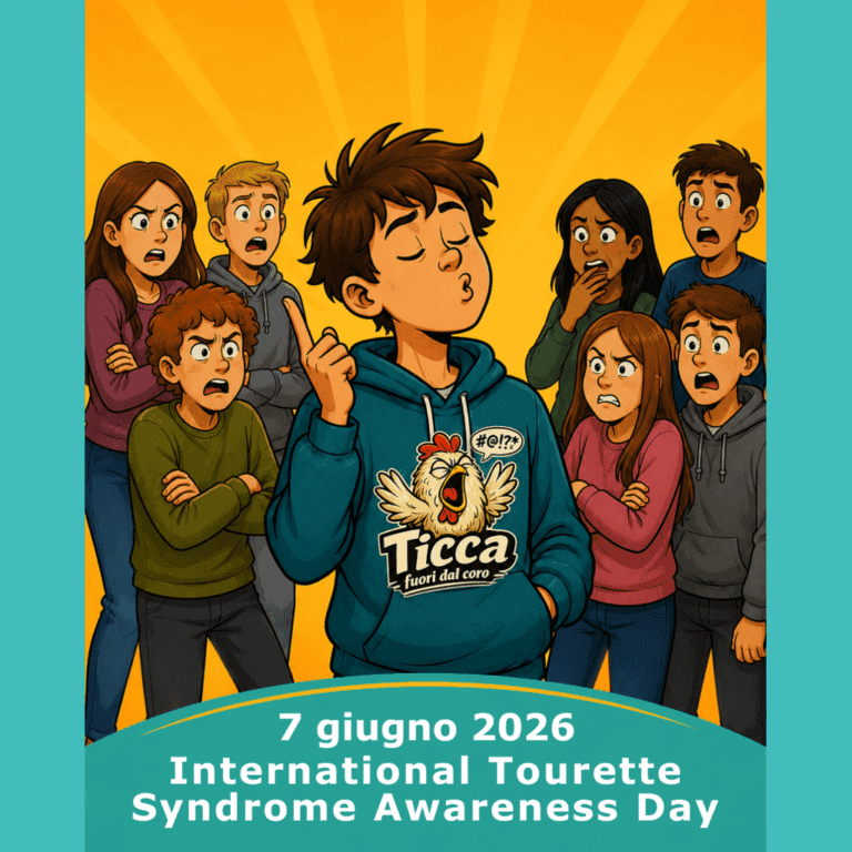 Ragazzo con Sindrome di Tourette che esegue un tic mentre le persone attorno lo osservano con sorpresa e disapprovazione. Illustrazione per la Giornata Internazionale della Sindrome di Tourette 2026.