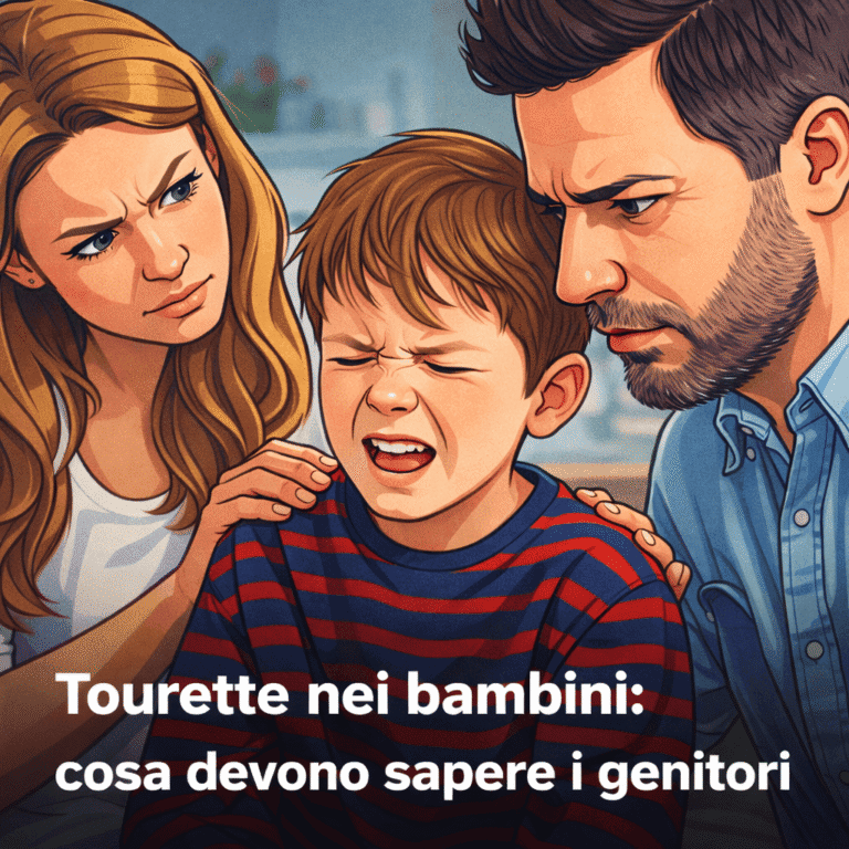 Bambino con tic osservato dai genitori preoccupati, illustrazione stile cartone sulla sindrome di Tourette nei bambini