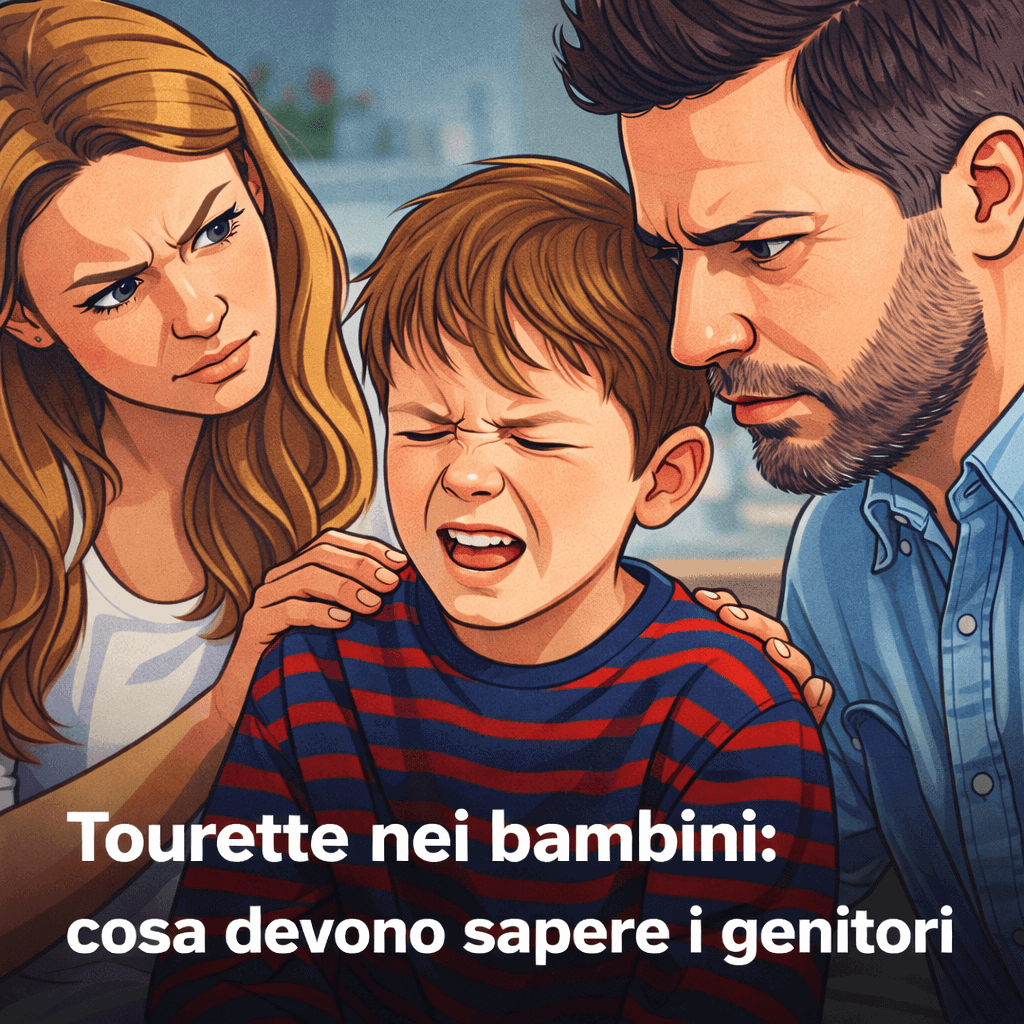 Bambino con tic osservato dai genitori preoccupati, illustrazione stile cartone sulla sindrome di Tourette nei bambini