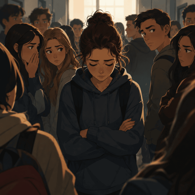 Illustrazione di una ragazza con sindrome di Tourette osservata e giudicata da altri studenti in un corridoio scolastico.