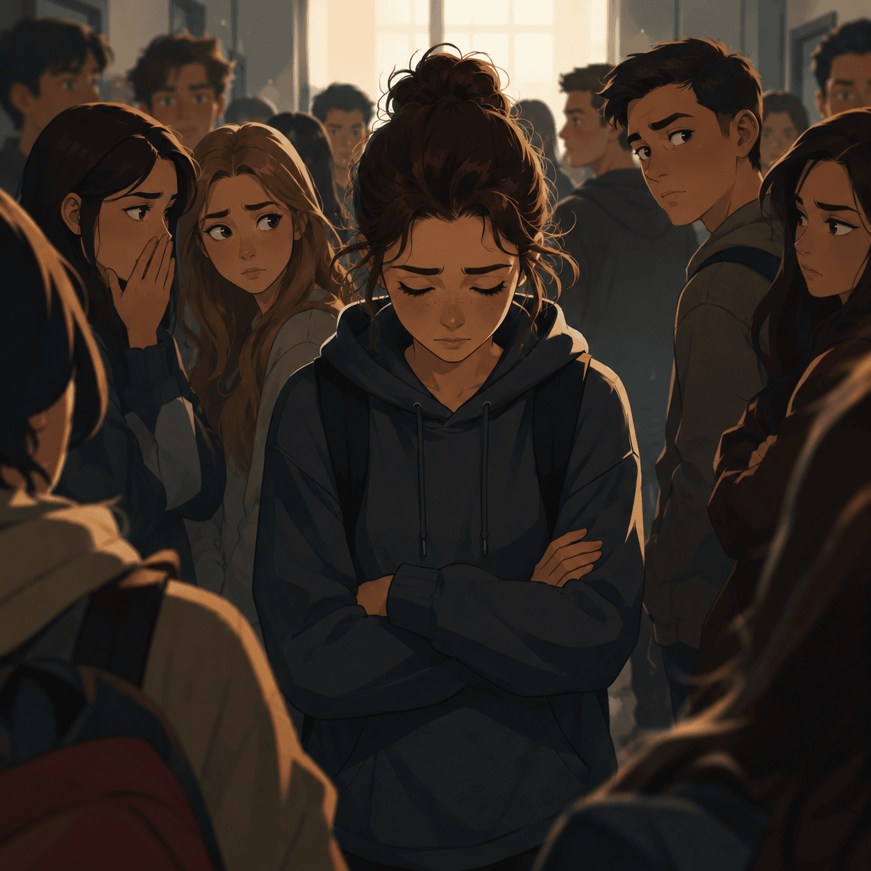 Illustrazione di una ragazza con sindrome di Tourette osservata e giudicata da altri studenti in un corridoio scolastico.
