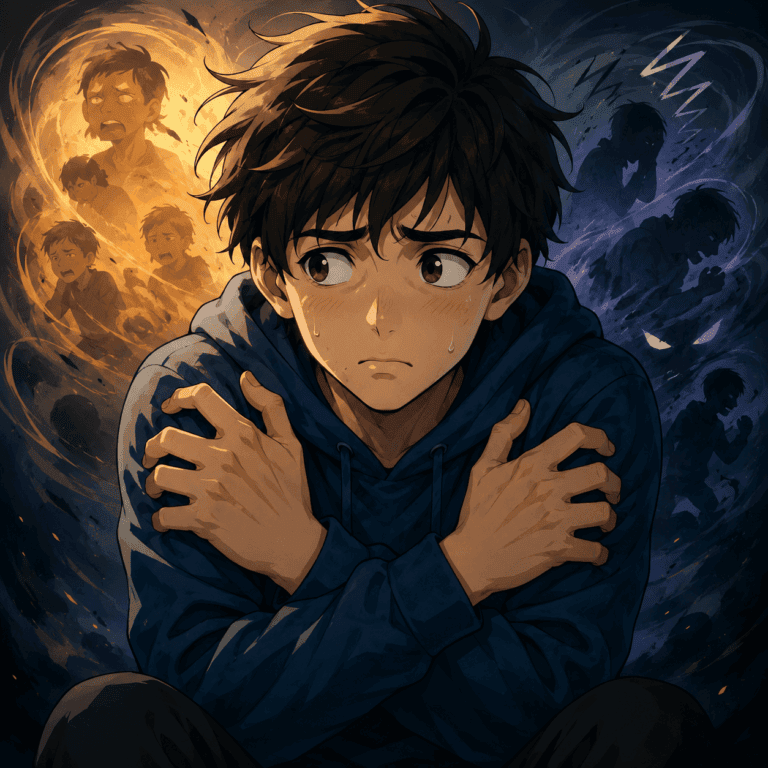 Illustrazione in stile anime di un ragazzo ansioso e sopraffatto, seduto con le braccia incrociate mentre ombre e tensioni emotive turbinano attorno a lui, rappresentando il legame tra ansia e Sindrome di Tourette.