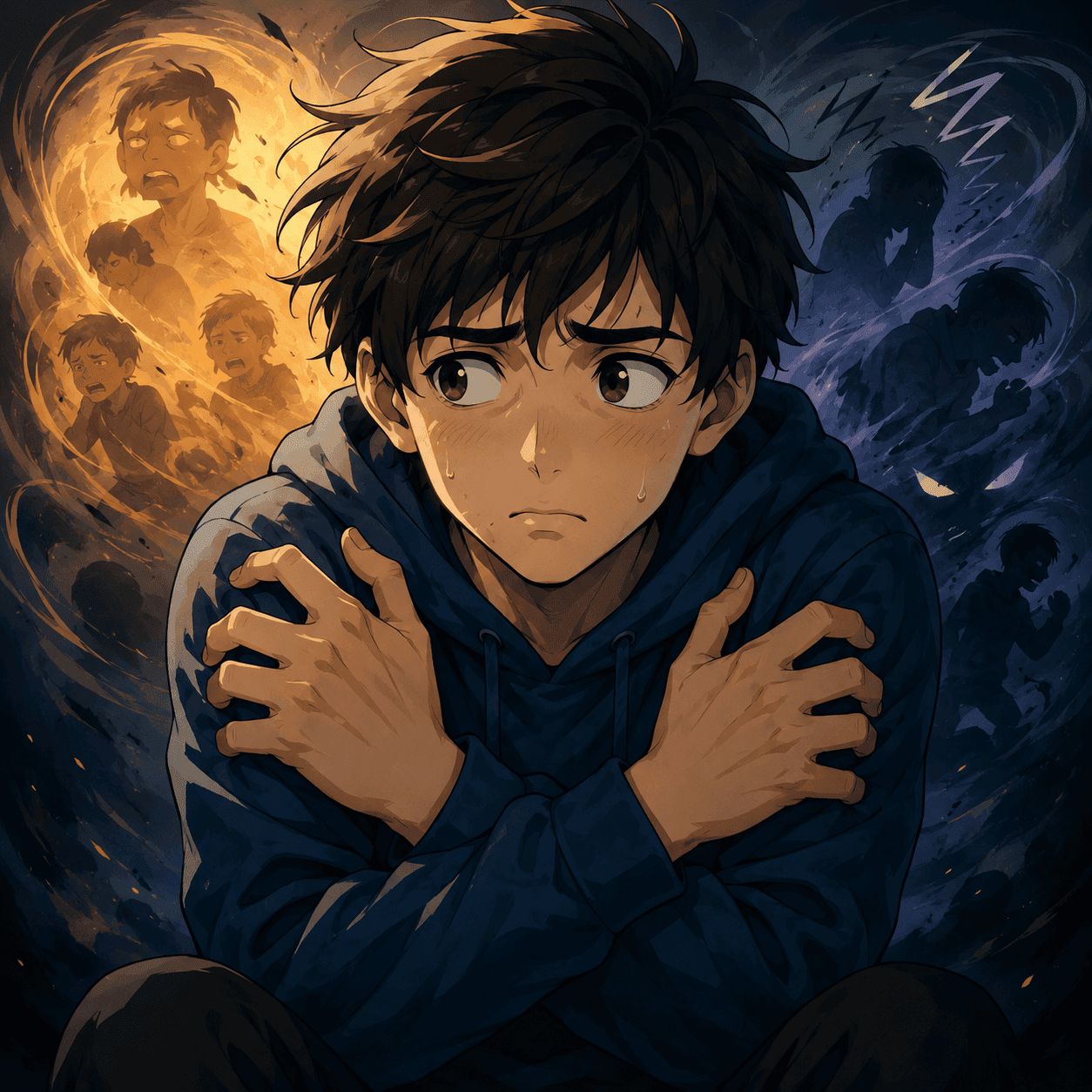 Anime-style illustration of an anxious and overwhelmed boy sitting with crossed arms while emotional tension and shadows swirl around him, symbolising the connection between anxiety and Tourette syndrome.