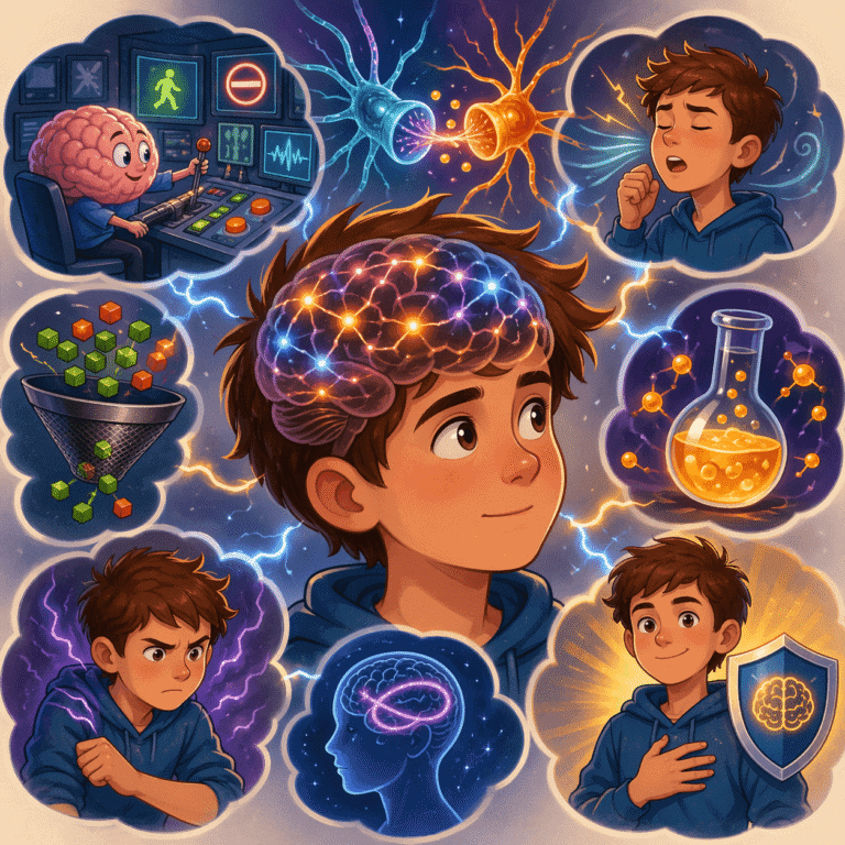 Illustrazione animata del cervello con connessioni neurali attive e segnali elettrici che rappresentano i tic nella sindrome di Tourette