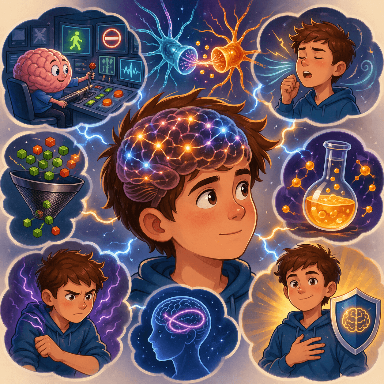 Illustrazione animata del cervello con connessioni neurali attive e segnali elettrici che rappresentano i tic nella sindrome di Tourette