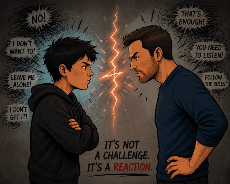 Anime-style illustration of a teenager with Tourette’s syndrome in conflict with an adult figure, symbolising oppositional behaviour, emotional stress and difficulty regulating emotions.
