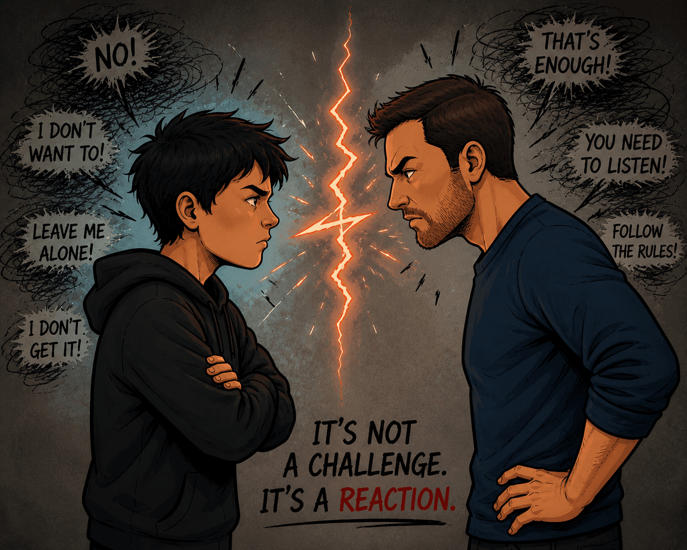 Anime-style illustration of a teenager with Tourette’s syndrome in conflict with an adult figure, symbolising oppositional behaviour, emotional stress and difficulty regulating emotions.
