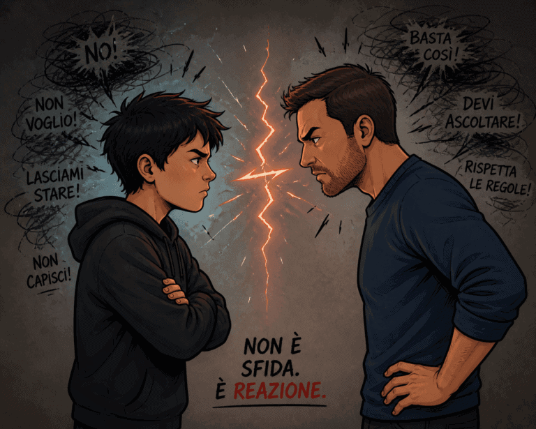 Illustrazione anime di un ragazzo con Tourette in conflitto con una figura adulta, simbolo di oppositività, stress emotivo e difficoltà nella regolazione delle emozioni.