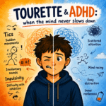 Illustration about Tourette syndrome and ADHD, showing tics, impulsivity, scattered attention and inner restlessness