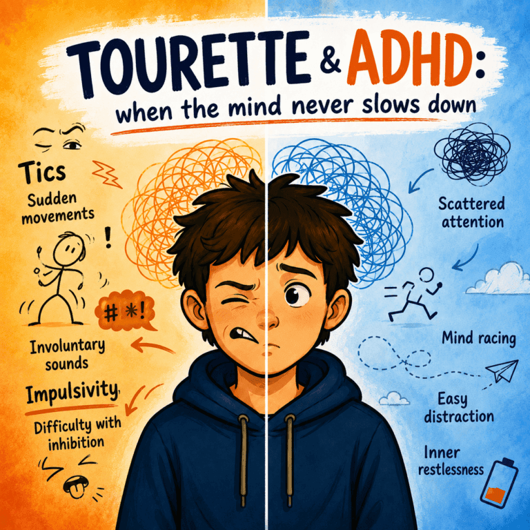Illustration about Tourette syndrome and ADHD, showing tics, impulsivity, scattered attention and inner restlessness